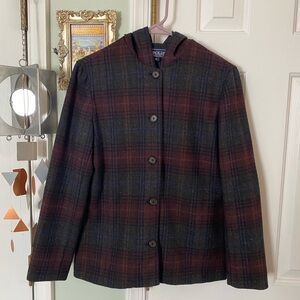 Vintage Harolds 100% Lambswool Plaid Lined Hooded Jacket Capsule Wardrobe Warm